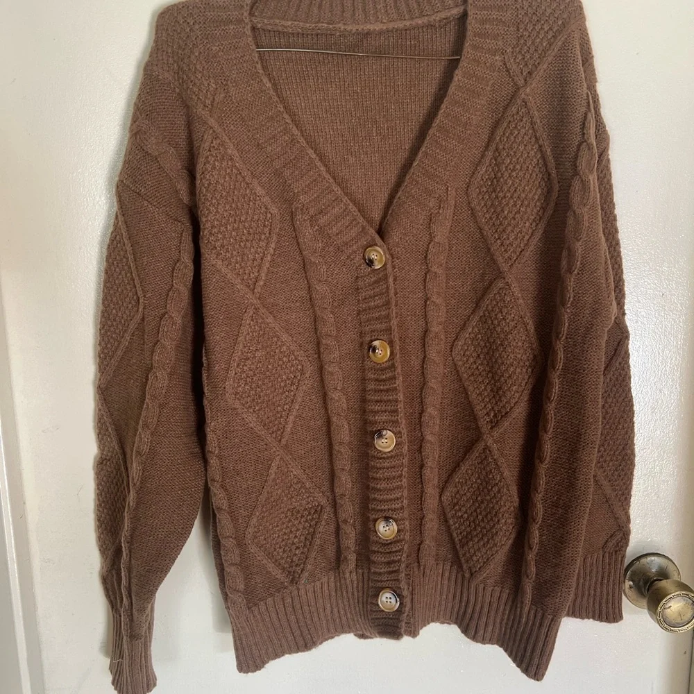 Cozy Brown Cable Knit V-Neck Button Cardigan Sweater